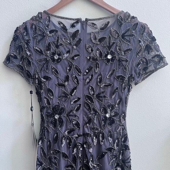 Adrianna Papell Hand Beaded Short Sleeve Floral Godet Gown in Moonscape Dress 0 - Picture 6 of 12